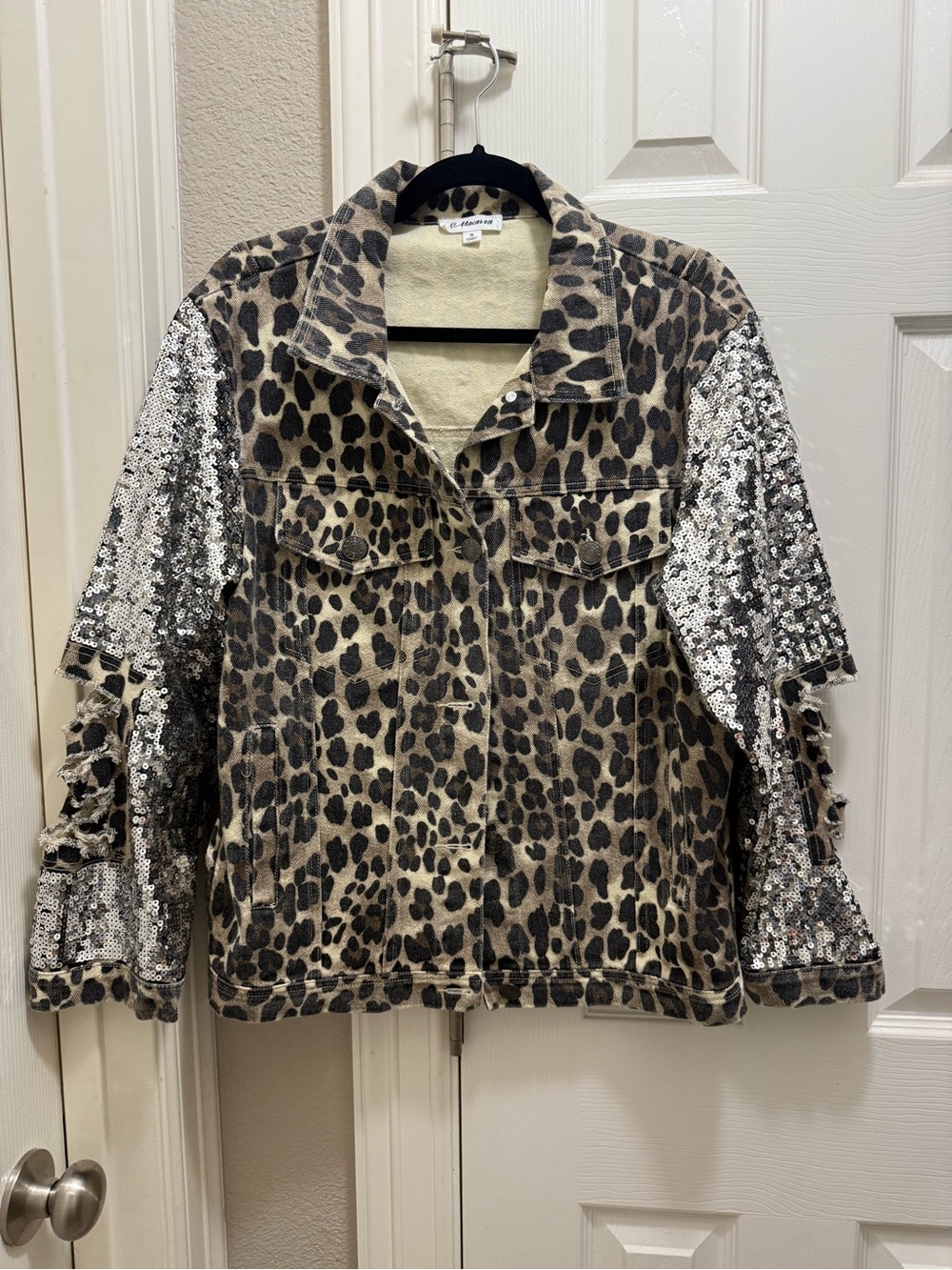 MACARON Leopard Print Denim Jacket with Silver Sequin Sleeves
